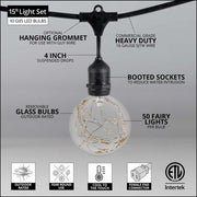 Warm White LEDimagine TM Patio String Light Set with G95 Fairy Light Bulbs on Black Wire, with Drops