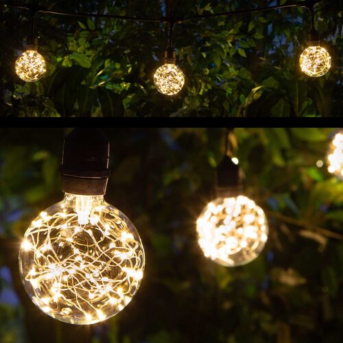 Warm White LEDimagine TM Patio String Light Set with G95 Fairy Light Bulbs on Black Wire, with Drops