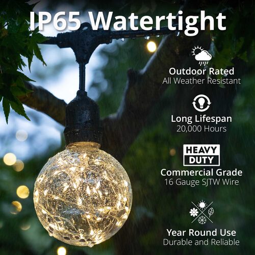 Warm White LEDimagine TM Patio String Light Set with G95 Fairy Light Bulbs on Black Wire, with Drops