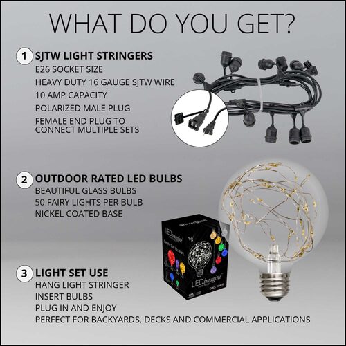 Warm White LEDimagine TM Patio String Light Set with G95 Fairy Light Bulbs on Black Wire, with Drops