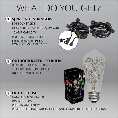 Warm White LEDimagine TM Patio String Light Set with 10 ST64 Fairy Light Bulbs on Black Wire