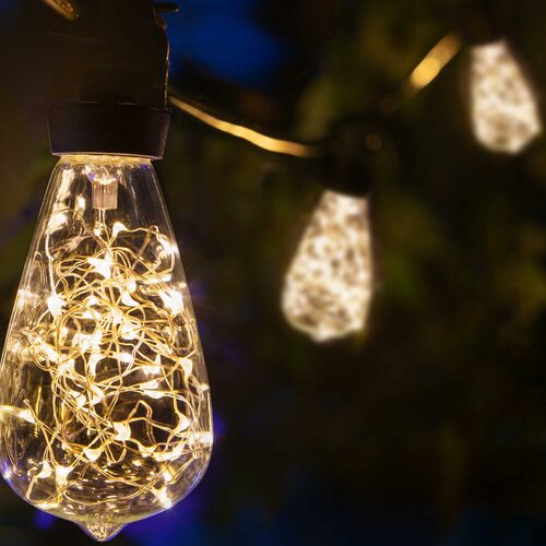 Warm White LEDimagine TM Patio String Light Set with 10 ST64 Fairy Light Bulbs on Black Wire