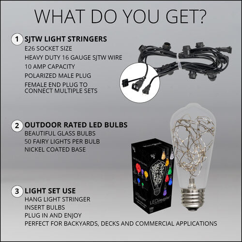 Warm White LEDimagine TM Patio String Light Set with 10 ST64 Fairy Light Bulbs on Black Wire