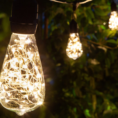 Warm White LEDimagine TM Patio String Light Set with 10 ST64 Fairy Light Bulbs on Black Wire, with Drops