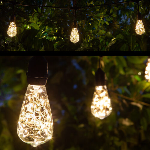 Warm White LEDimagine TM Patio String Light Set with 10 ST64 Fairy Light Bulbs on Black Wire, with Drops