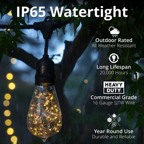 Warm White LEDimagine TM Patio String Light Set with 10 ST64 Fairy Light Bulbs on Black Wire, with Drops