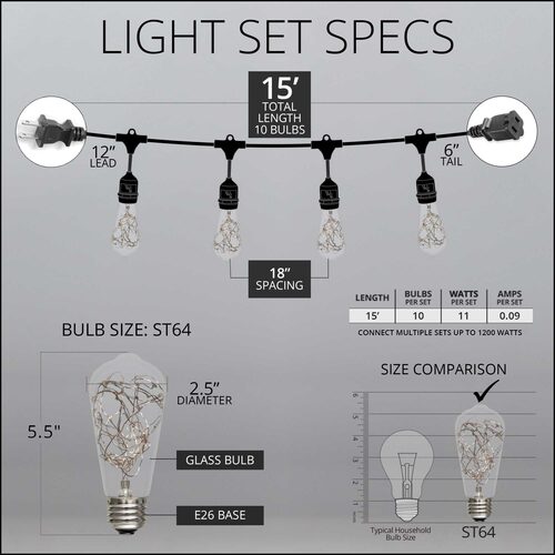 Warm White LEDimagine TM Patio String Light Set with 10 ST64 Fairy Light Bulbs on Black Wire, with Drops