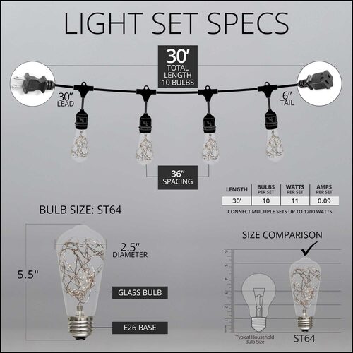Warm White LEDimagine TM Patio String Light Set with 10 ST64 Fairy Light Bulbs on Black Wire, with Drops