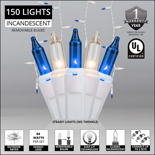 150 Blue, Clear Mini Icicle Lights on White Wire