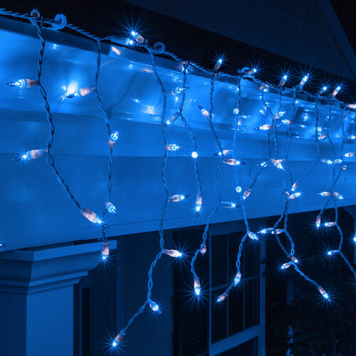 Blue Mini Icicle Lights on White Wire