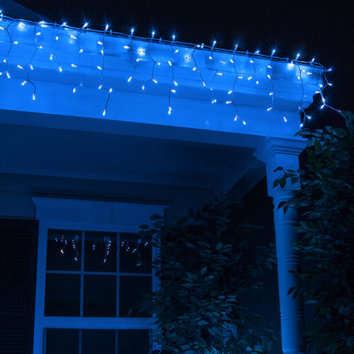 Blue Mini Icicle Lights on White Wire