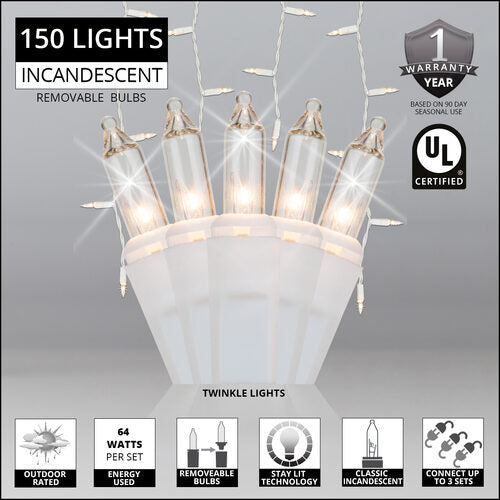 150 Clear Twinkle Mini Icicle Lights on White Wire