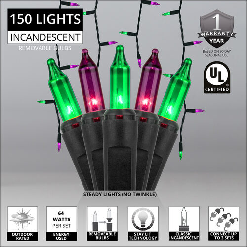 150 Green, Purple Mini Icicle Lights on Black Wire