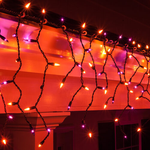 150 Orange, Purple Mini Icicle Lights on Black Wire