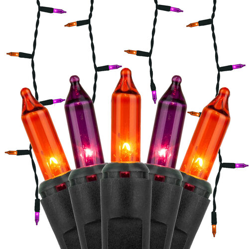 150 Orange, Purple Mini Icicle Lights on Black Wire