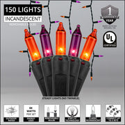 150 Orange, Purple Mini Icicle Lights on Black Wire
