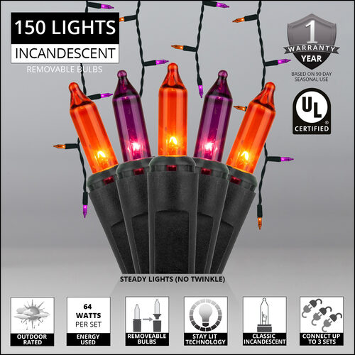150 Orange, Purple Mini Icicle Lights on Black Wire