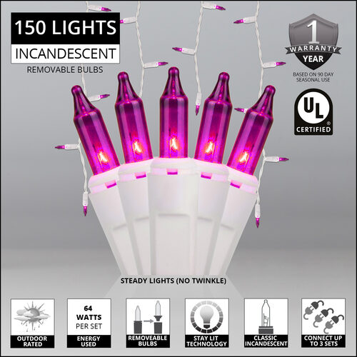 150 Purple Mini Icicle Lights on White Wire