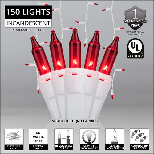 150 Red Mini Icicle Lights on White Wire