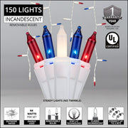 150 Red, White and Blue Mini Icicle Light Set, White Wire
