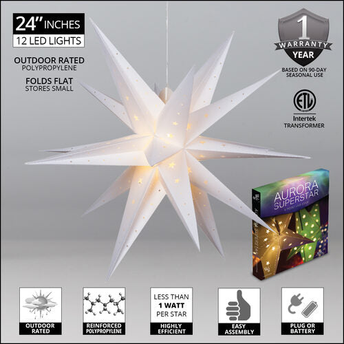 White Aurora Superstar TM Moravian Star Light, Fold-Flat, LED Lights, Outdoor Rated