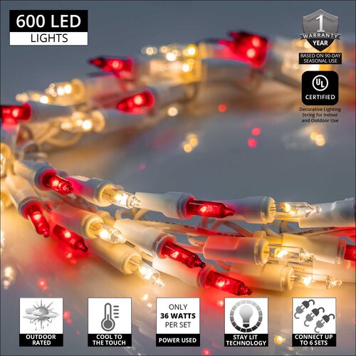 18' Garland Lights, 600 Red/Warm White LED Lights, White Wire