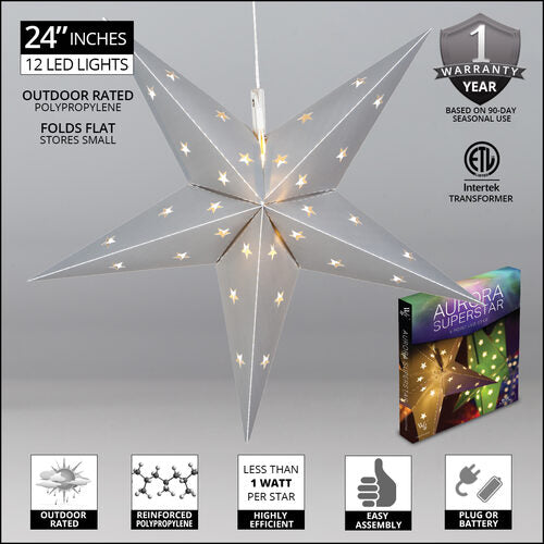 Silver Aurora Superstar TM 5 Point Star Light, Fold-Flat, LED Lights, Outdoor Rated
