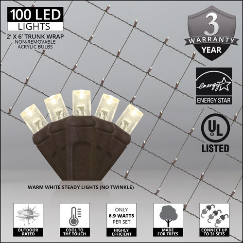 2' 6' Warm White 5mm LED Christmas Trunk Wrap Lights, 100 Lamps on Brown Wire