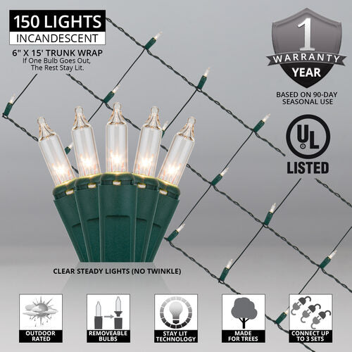 Mini Clear Mini Christmas Trunk Wrap Lights, Lights on Green Wire