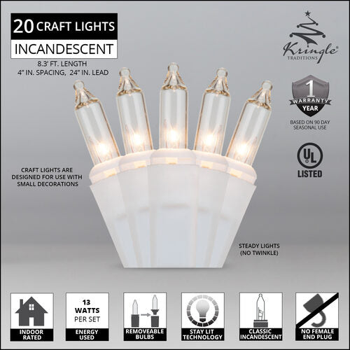 20 Clear Craft Lights, White Wire, 4" Spacing