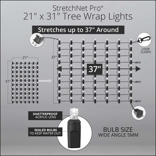 Cool White StretchNet Pro 5mm LED Christmas Trunk Wrap Lights, Lights on Brown Wire