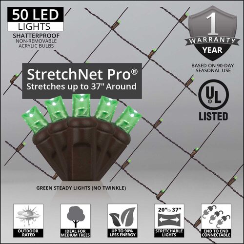 20" 45" Green StretchNet Pro&reg 5mm LED Christmas Trunk Wrap Lights, 50 Lights on Brown Wire