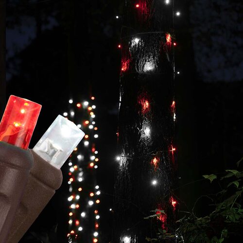 Red, Cool White StretchNet Pro 5mm LED Christmas Trunk Wrap Lights, Lights on Brown Wire