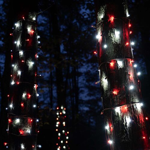 Red, Cool White StretchNet Pro 5mm LED Christmas Trunk Wrap Lights, Lights on Brown Wire