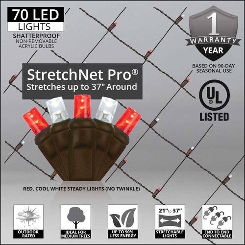 Red, Cool White StretchNet Pro 5mm LED Christmas Trunk Wrap Lights, Lights on Brown Wire