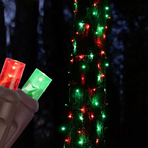 Red, Green StretchNet Pro 5mm LED Christmas Trunk Wrap Lights, Lights on Brown Wire