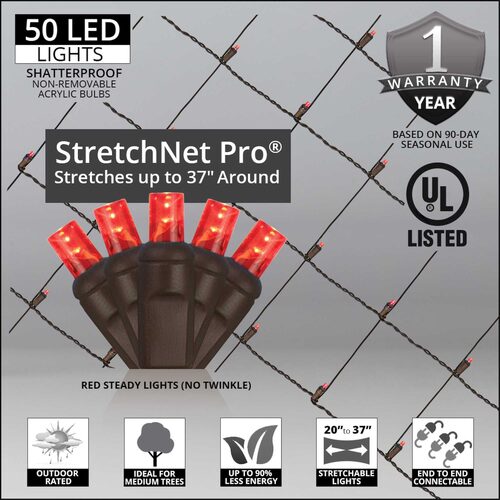 20" 45" Red StretchNet Pro 5mm LED Christmas Trunk Wrap Lights, 50 Lights on Brown Wire