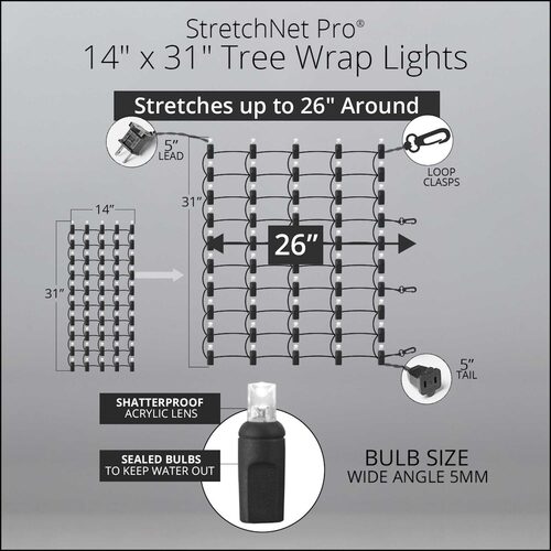 Warm White StretchNet Pro 5mm LED Christmas Trunk Wrap Lights, Lights on Brown Wire