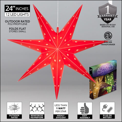 24" Red Aurora Superstar TM 7 Point Star Light, Fold-Flat, LED Lights, Outdoor Rated