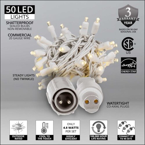 5mm Warm White WeatherPRO TM Commercial LED Lights, White Wire