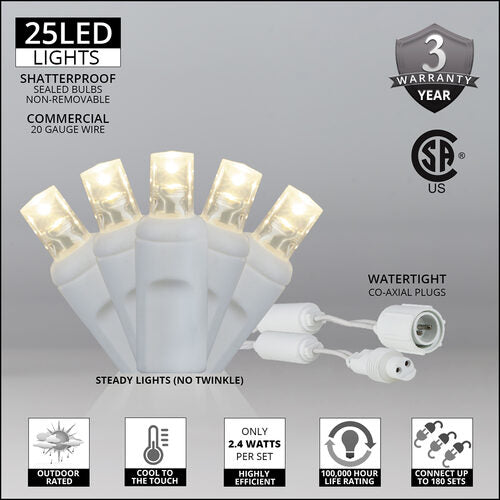 5mm Warm White WeatherPRO TM Commercial LED Lights, White Wire