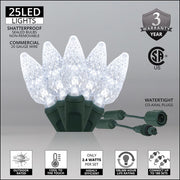 25 C6 Cool White Commercial LED Lights, Green Wire, 4" Spacing