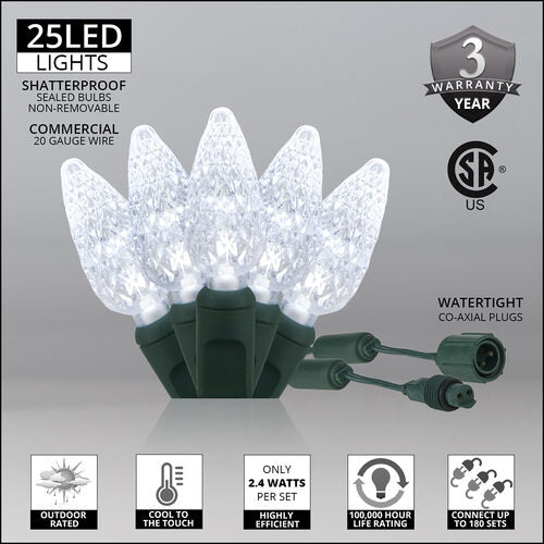 25 C6 Cool White Commercial LED Lights, Green Wire, 4" Spacing