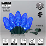 25 C7 Blue Commercial LED Lights, Green Wire, 12" Spacing