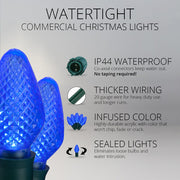 25 C7 Blue Commercial LED Lights, Green Wire, 12" Spacing