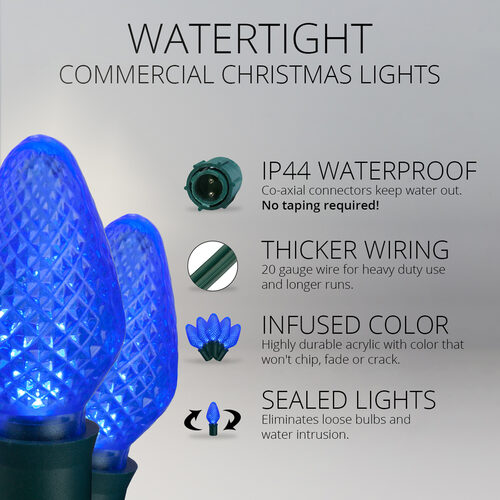 25 C7 Blue Commercial LED Lights, Green Wire, 12" Spacing