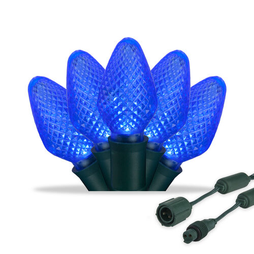 25 C7 Blue Commercial LED Lights, Green Wire, 6" Spacing