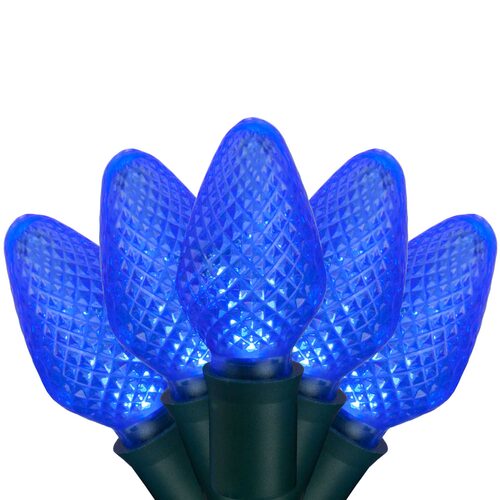 25 C7 Blue LED Christmas Lights, Green Wire, 8" Spacing