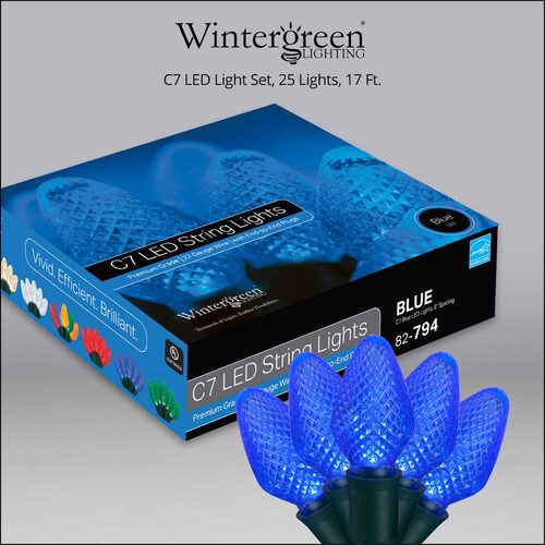 25 C7 Blue LED Christmas Lights, Green Wire, 8" Spacing