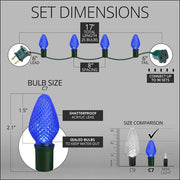 25 C7 Blue LED Christmas Lights, Green Wire, 8" Spacing